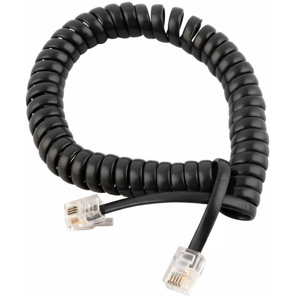 Black coiled phone cable with RJ45 connectors on a white background