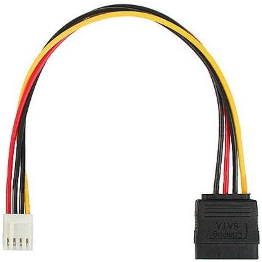 Computer power cable with red, yellow, and black wires on a white background