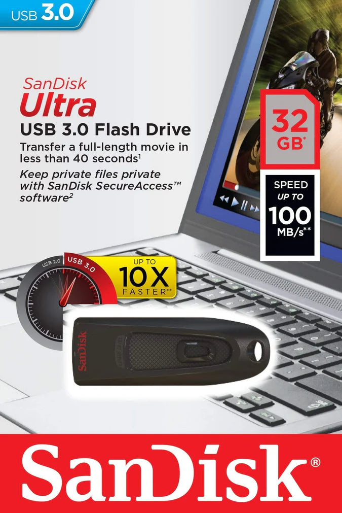 SanDisk Ultra 32GB USB 3.0 Flash Drive – High-Speed Portable Storage (Black) | SDCZ48-032G-U46 on laptop.