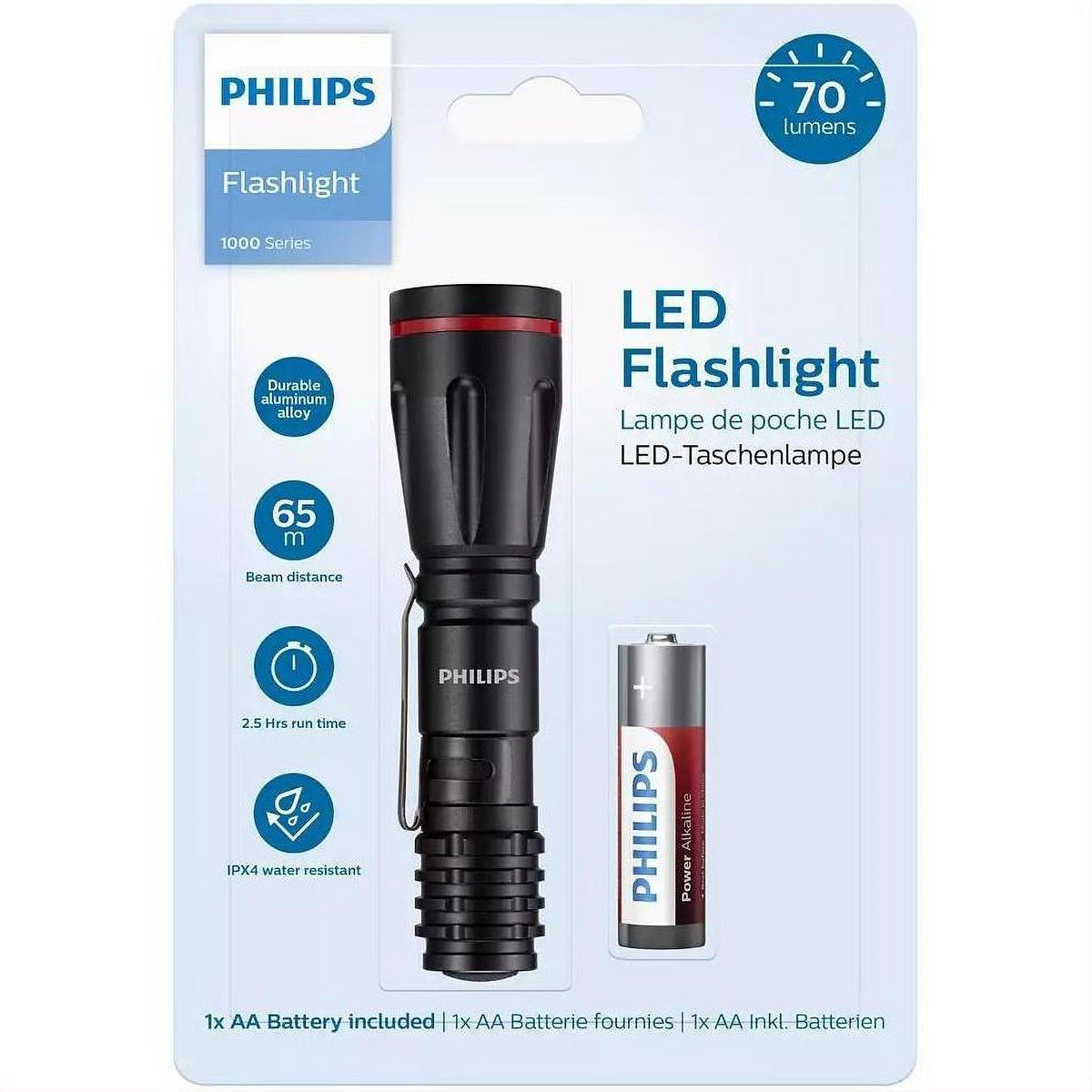 Philips High-Power LED Flashlight – Ultra Bright, Durable with 70 lumens, ideal for camping and emergency use.