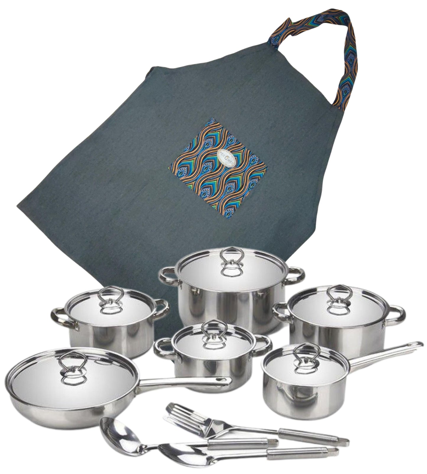 African Elegance: 15-Piece Mirror Finish Stainless Steel Cookware Set with Heavy-Bottom Design