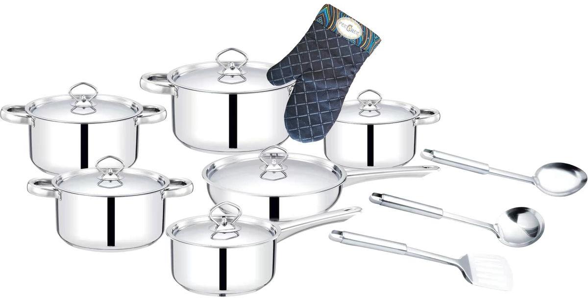 15-Piece Premium Heavy-Bottom Stainless Steel Cookware Set including Black Oven Mitt with Shwe-Shwe Trim
