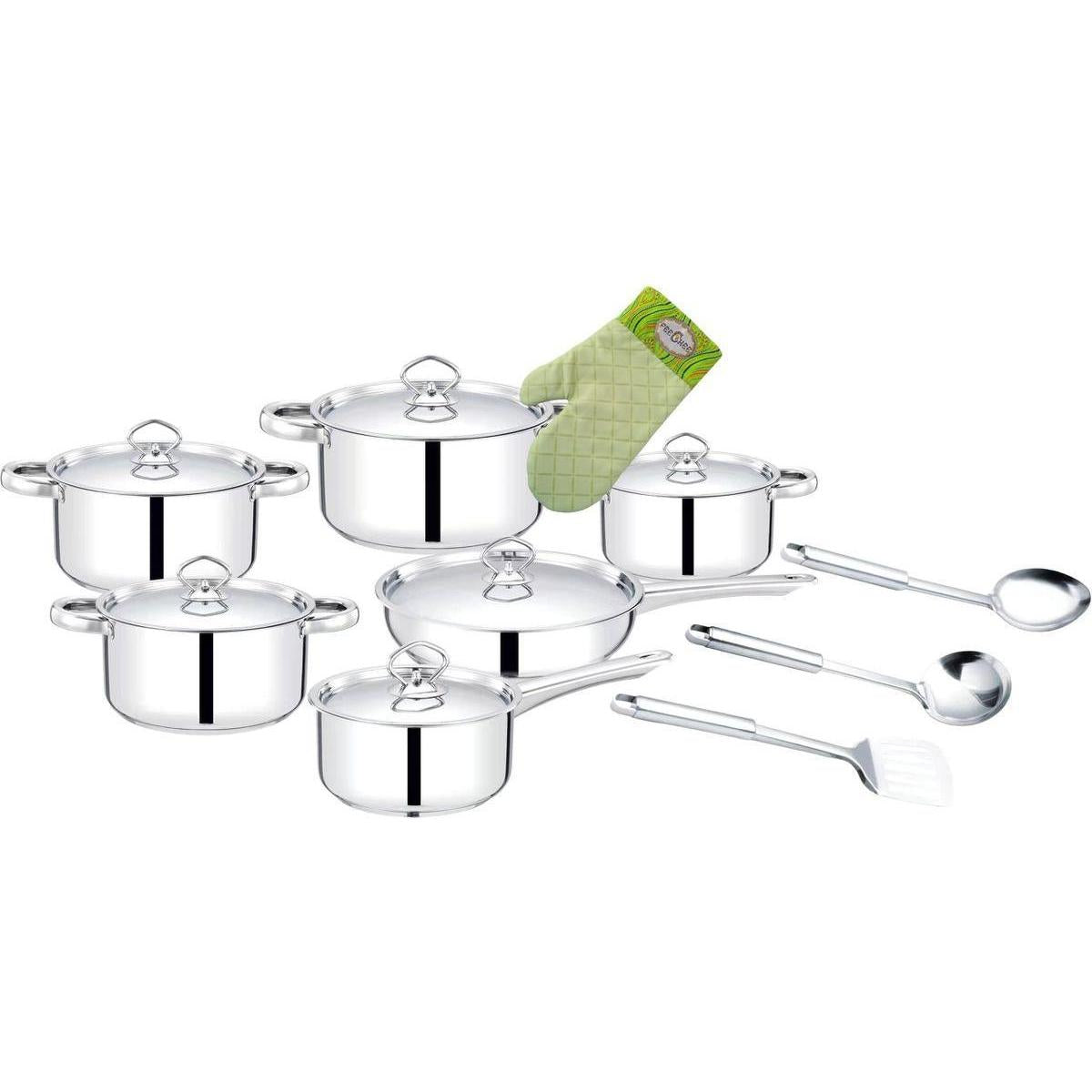 15-Piece Mirror Finish Heavy-Bottom Stainless Steel Cookware Set including Handmade Green Oven Mitt with Shwe-Shwe Trim