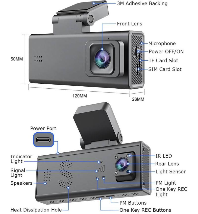 Microworld Dual 3MP 4G Car Dash Camera with GPS and Parking Guard