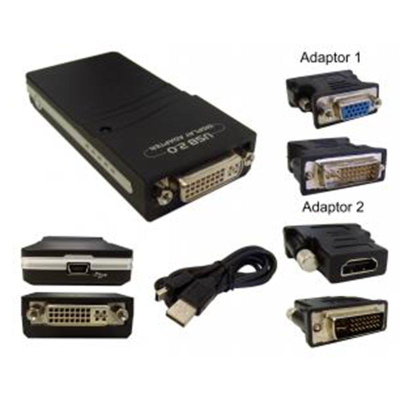 The USB2.0 to HDMI/DVI/VGA display adapter allows you to attach one or multiple monitors or projectors to a laptop or desktop using USB2.0 ports.