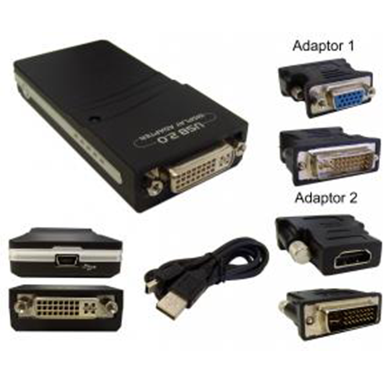 The USB2.0 to HDMI/DVI/VGA display adapter allows you to attach one or multiple monitors or projectors to a laptop or desktop using USB2.0 ports.
