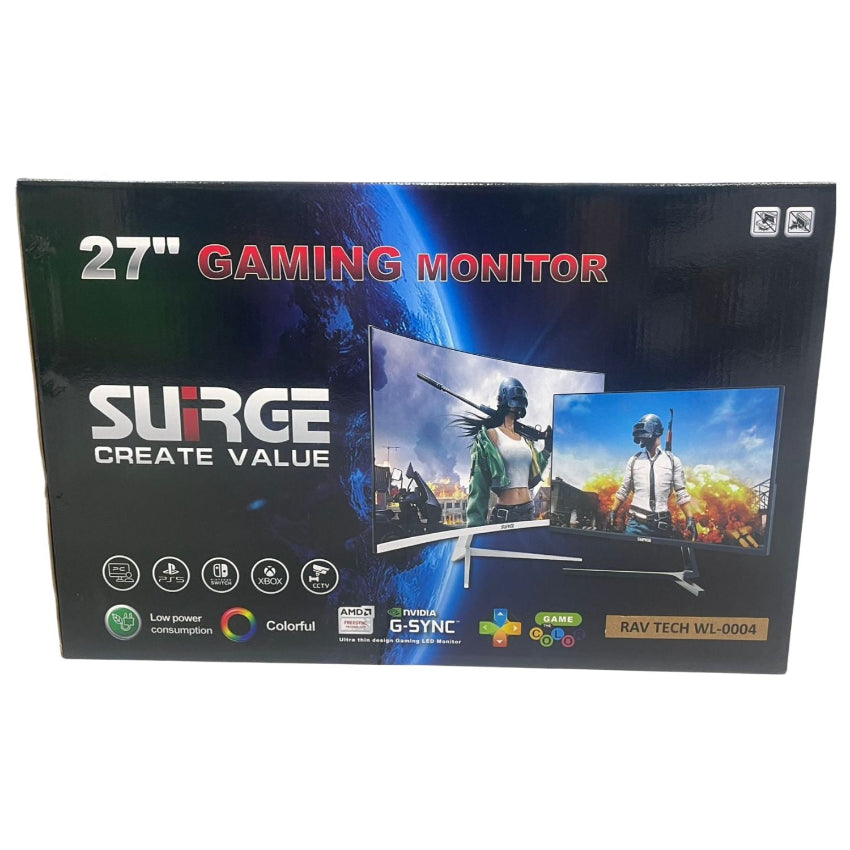 Surge 27-inch gaming monitor packaging with images of a game on the screen.