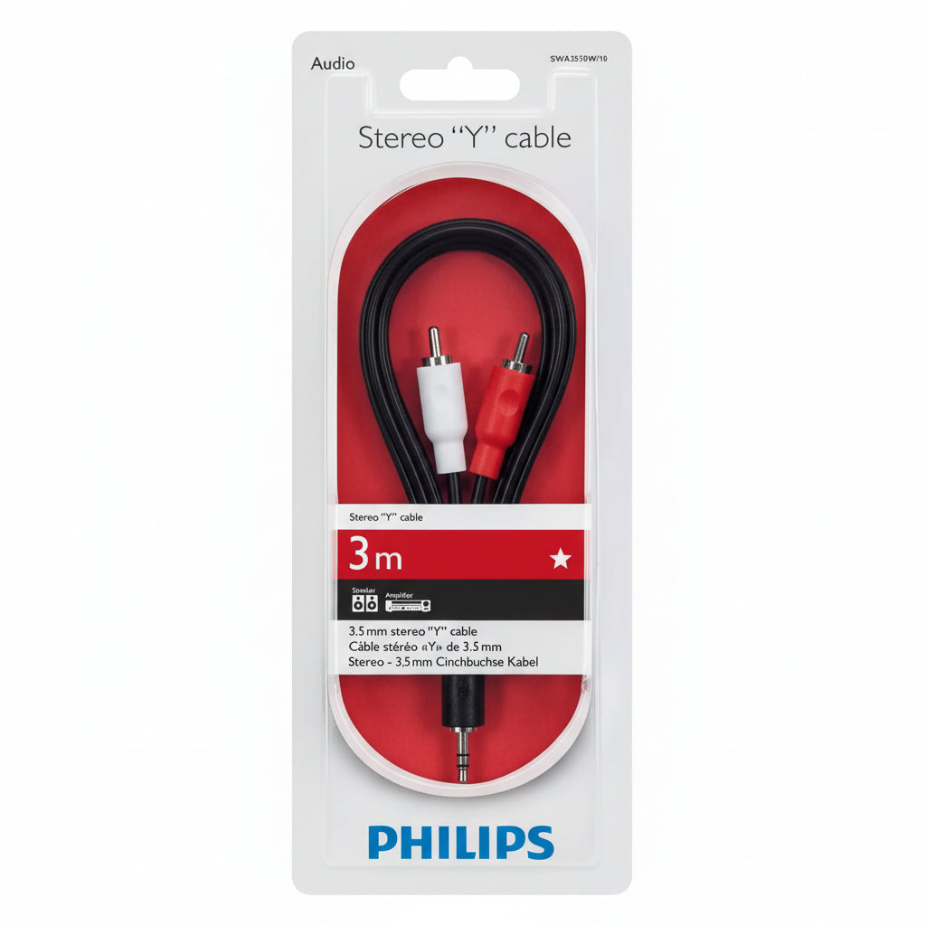 Packaged Philips stereo 'Y' cable with one 3.5 mm male connector and two RCA male connectors, 3 meters in length.