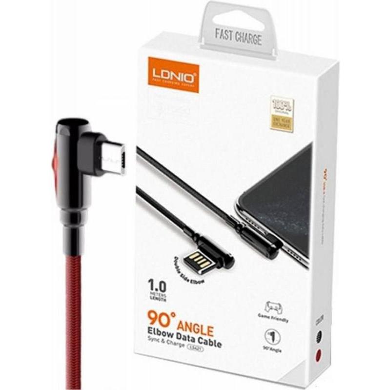 Ldnio 1.0M Lightning Charge & Sync Cable with 90° Elbow, displayed in packaging with fast charge and data sync features highlighted.