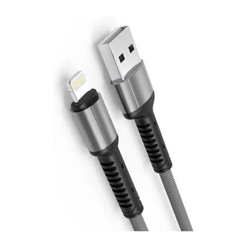 A 2-meter long gray Lightning charge and sync cable with a USB connector on one end and a Lightning connector on the other.