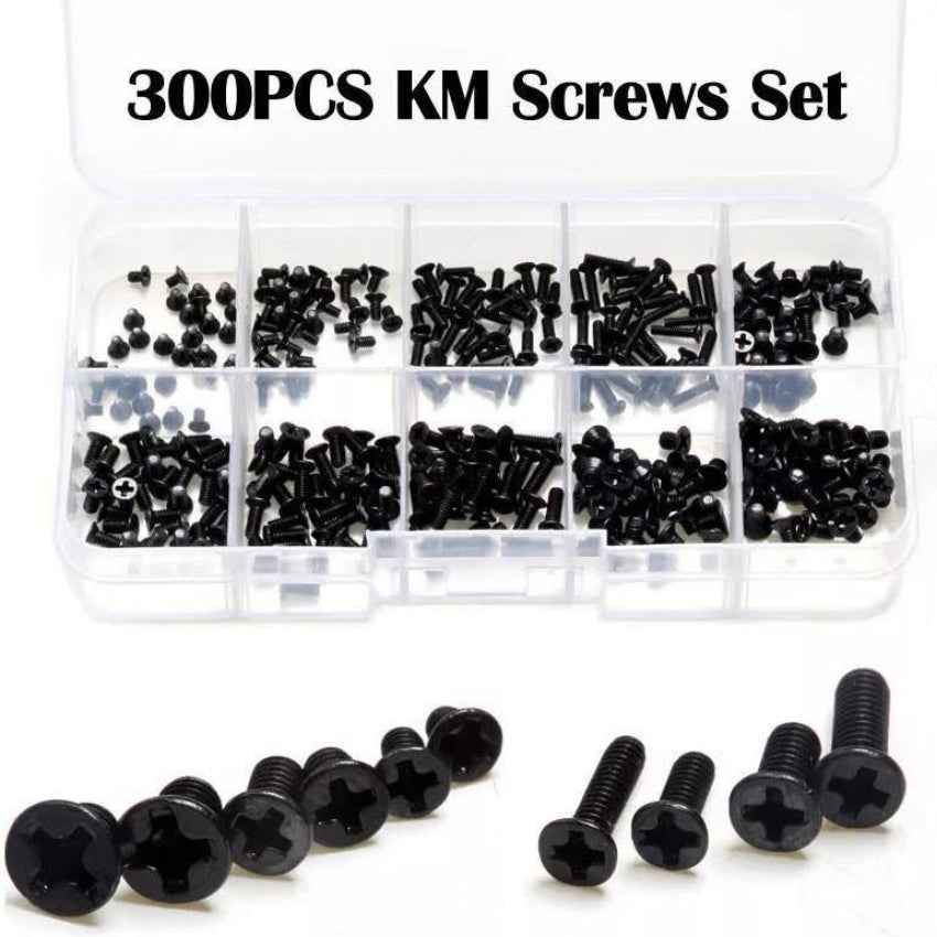 A set of 300 black screws of various sizes, organized in a plastic case with compartments.