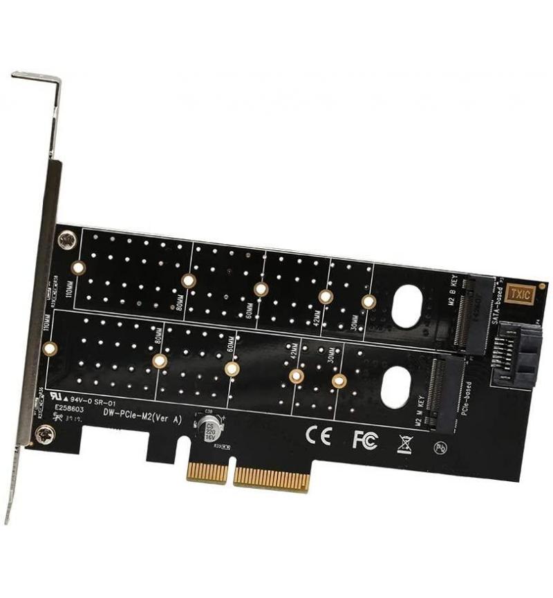 MicroWorld PCIe to M.2 Adapter Card – NVMe (M-Key) + SATA (B-Key) Dual Slot (TXB044)
