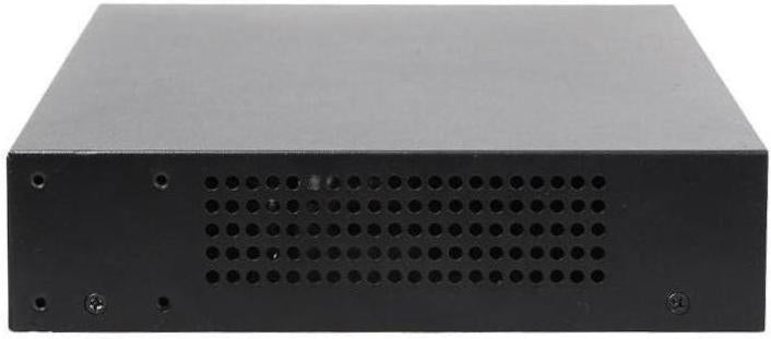 Side view of a black rackmount able network switch with a textured surface on a white background