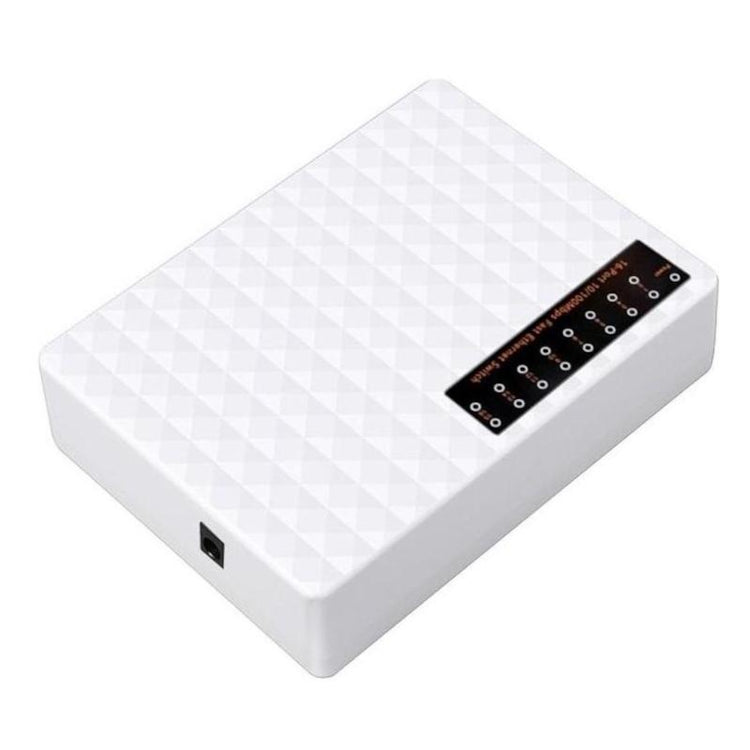 Top view of a white plastic housing unmanaged 10/100 16 port network switch on a white background