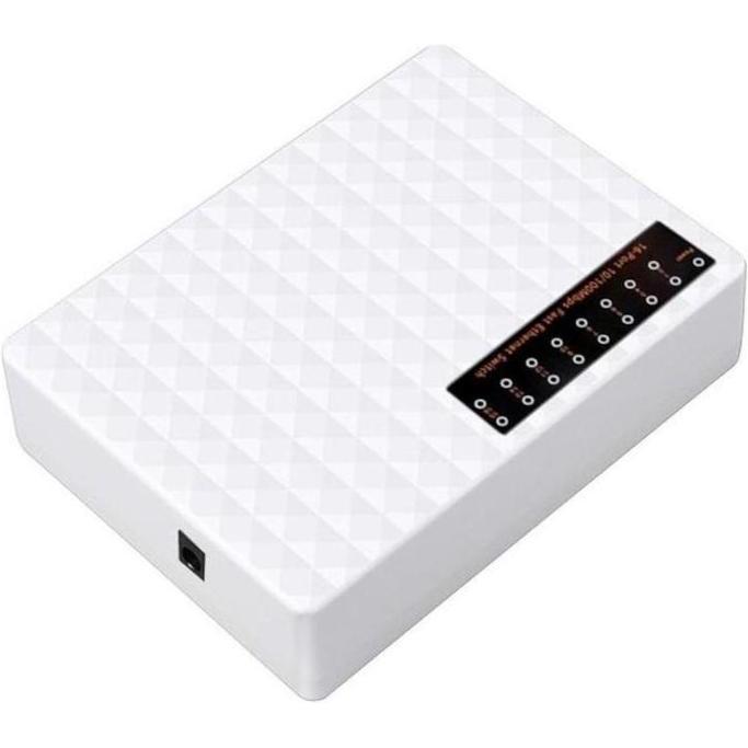 Top view of a white plastic housing unmanaged 10/100 16 port network switch on a white background