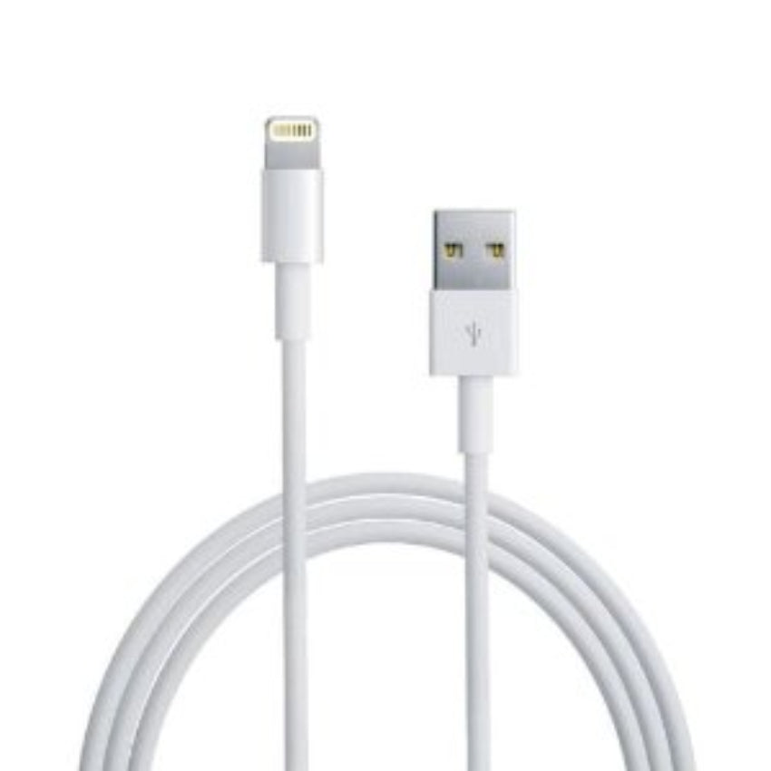 A white charging cable with a Lightning connector on one end and a USB port on the other, against a white background.