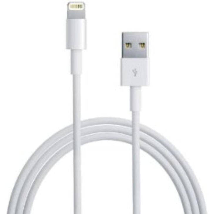 A white charging cable with a Lightning connector on one end and a USB port on the other, against a white background.