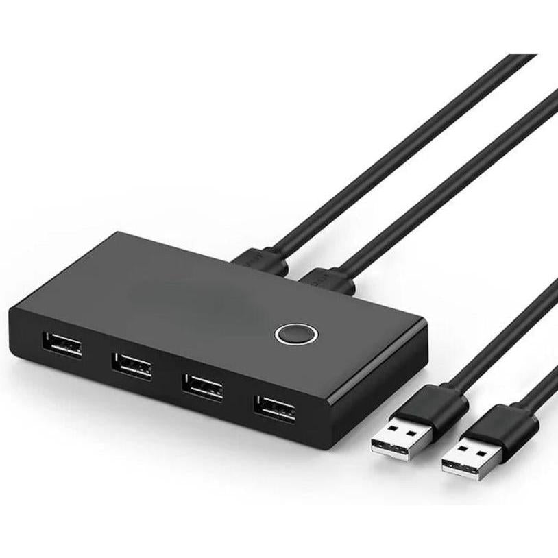Black USB hub Splitter with multiple ports and cables on a white background