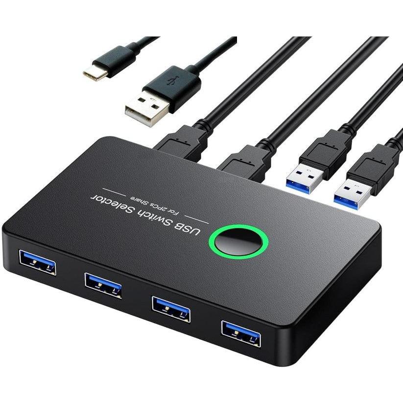 USB switch selector with multiple USB cables on a white background