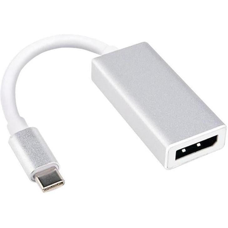 A white USB-C to DisplayPort adapter with a USB-C connector on one end and a DisplayPort port on the other.