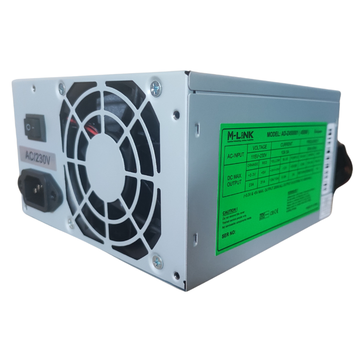 An M-Link AC-240/230V 200W desktop power supply unit, featuring a silver metal casing, a prominent black cooling fan on the left, and a bright green specification label on the front right.