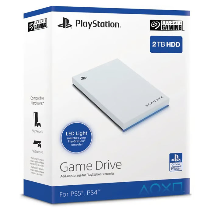 Seagate Game Drive for PS4/PS5 – 2 TB Portable External HDD, White with Blue LED enhances your console storage effortlessly.