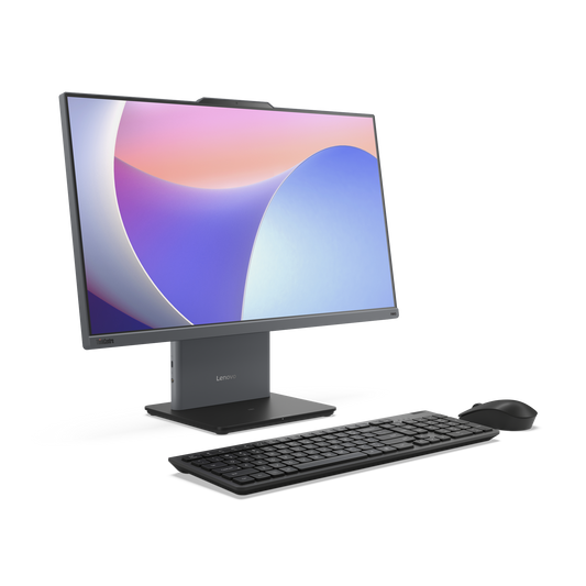 Lenovo ThinkCentre neo 50a 24 Gen 5 all-in-one PC front-left view with keyboard and mouse - 12SC008YSA