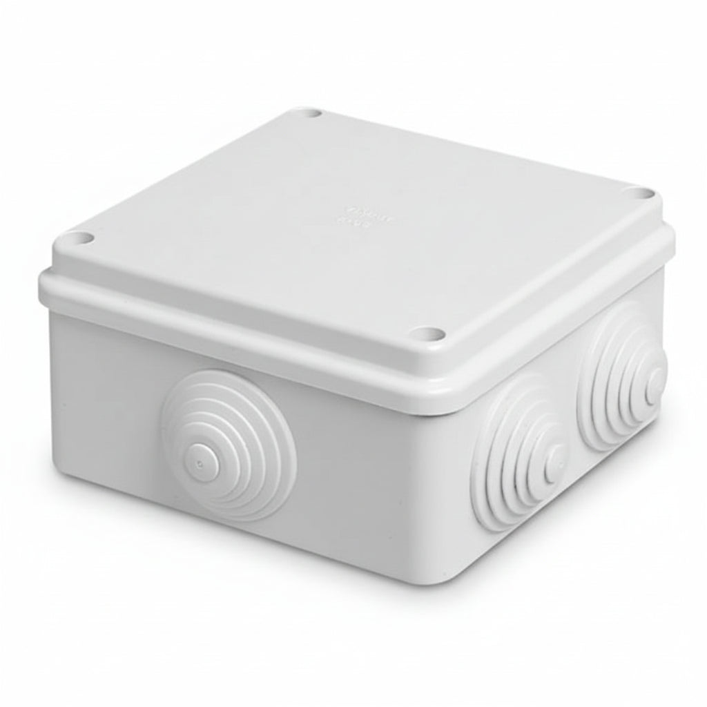 M-Link waterproof PVC square junction box for CCTV cameras on a white background.

