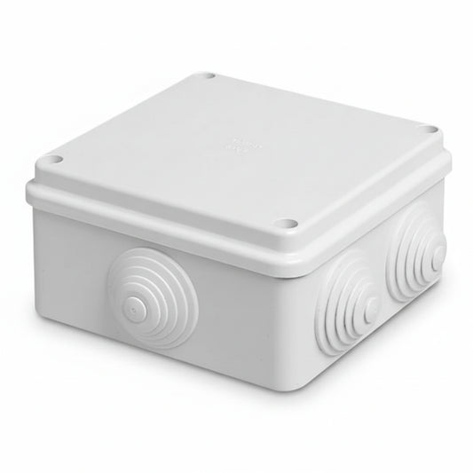 M-Link waterproof PVC square junction box for CCTV cameras on a white background.

