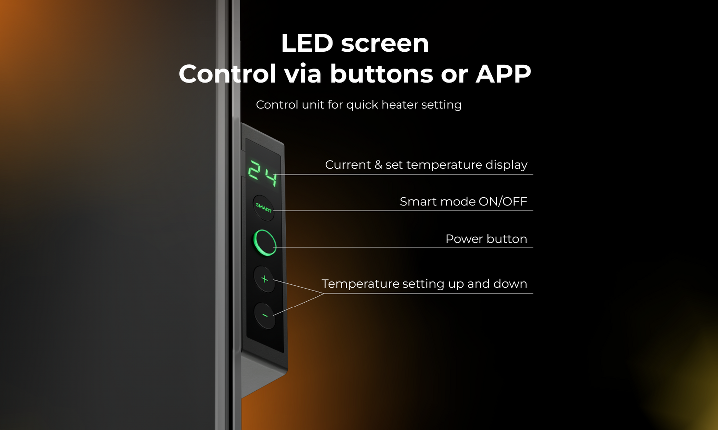 Control panel of the AENO Premium Eco Smart Heater with LED display for easy temperature adjustments.