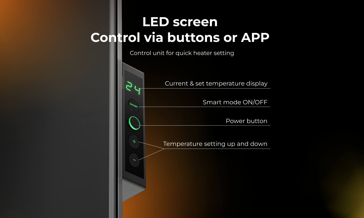 Control panel of the AENO Premium Eco Smart Heater with LED display for easy temperature adjustments.