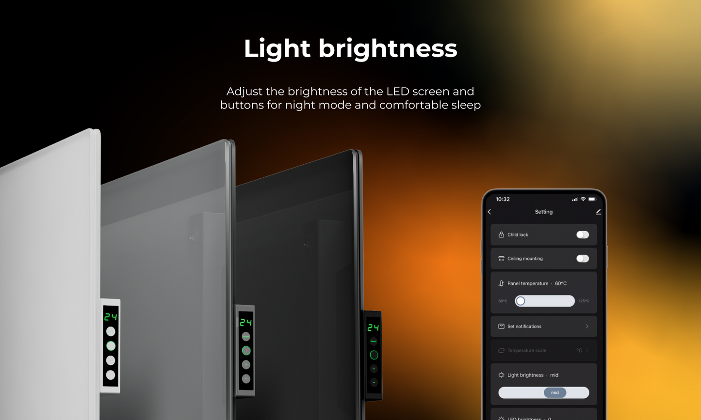 AENO Premium Eco Smart Heater features adjustable brightness for a comfortable and energy-efficient heating experience.