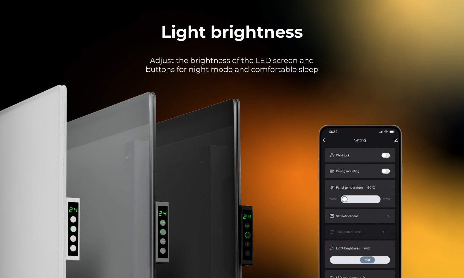 AENO Premium Eco Smart Heater features adjustable brightness for a comfortable and energy-efficient heating experience.