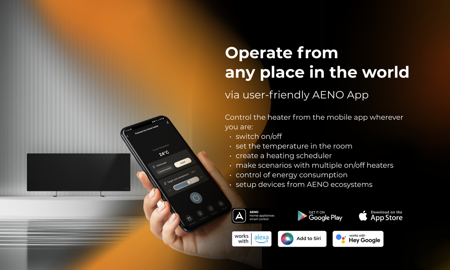 Control the AENO Premium Eco Smart Heater easily with the app, ensuring efficient warmth for any space.