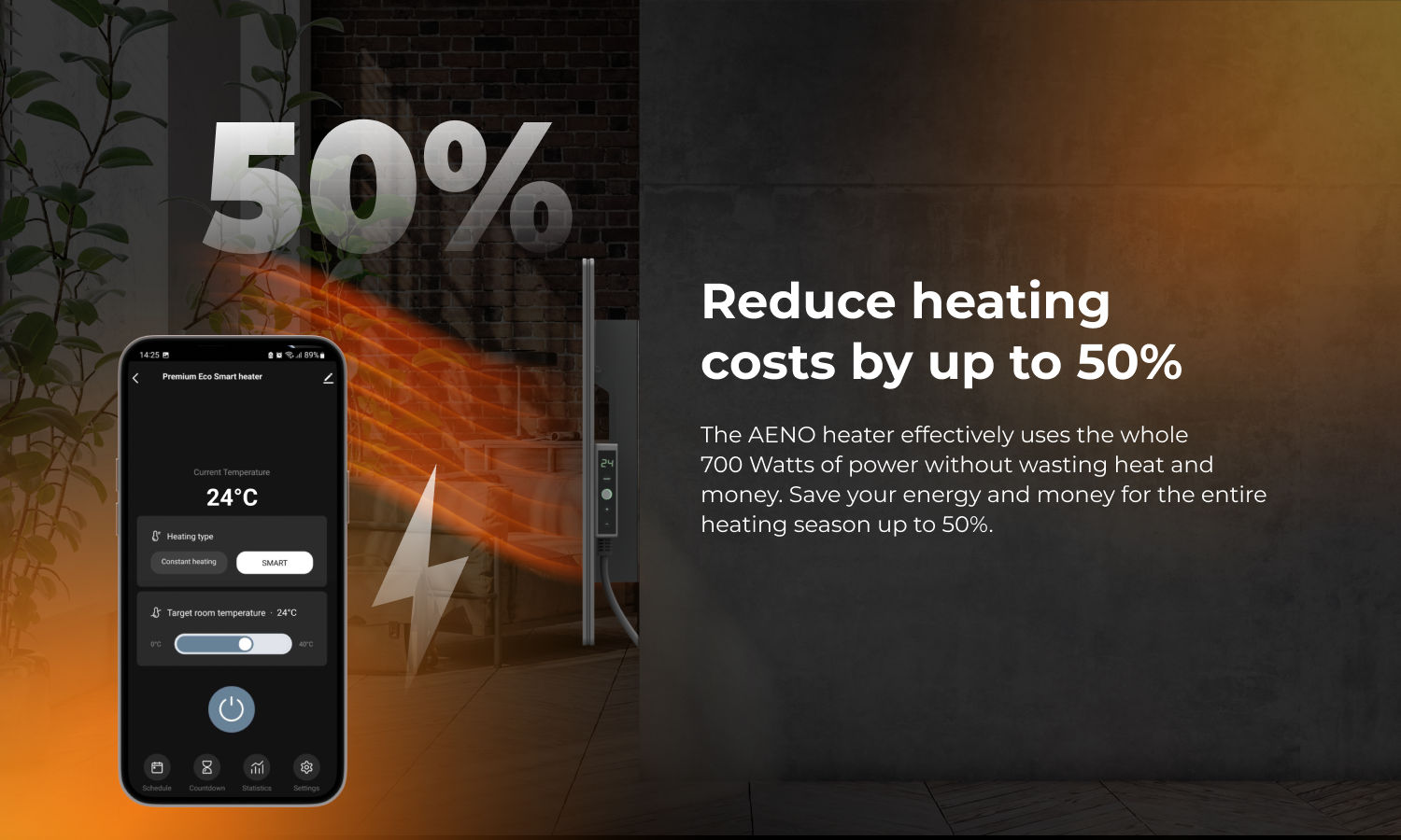 Stay cozy with the AENO Premium Eco Smart Heater, featuring energy-efficient heating and a sleek LED display.