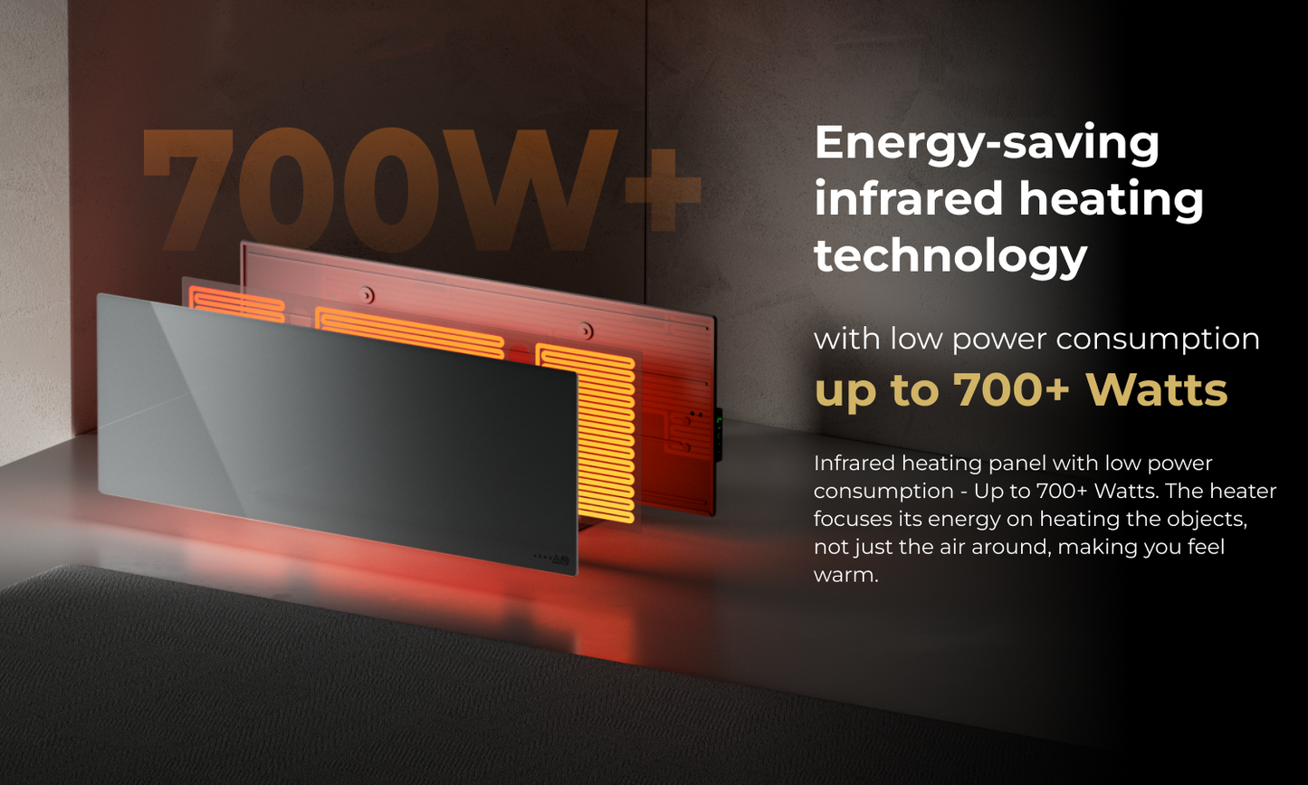 AENO Premium Eco Smart Heater showcases energy-efficient infrared heating, perfect for personal spaces like desks and couches.