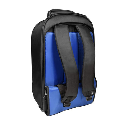 Port Chicago Evo Black 15.6" Trolley Backpack with padded blue back panel and adjustable black straps by Port Chicago.