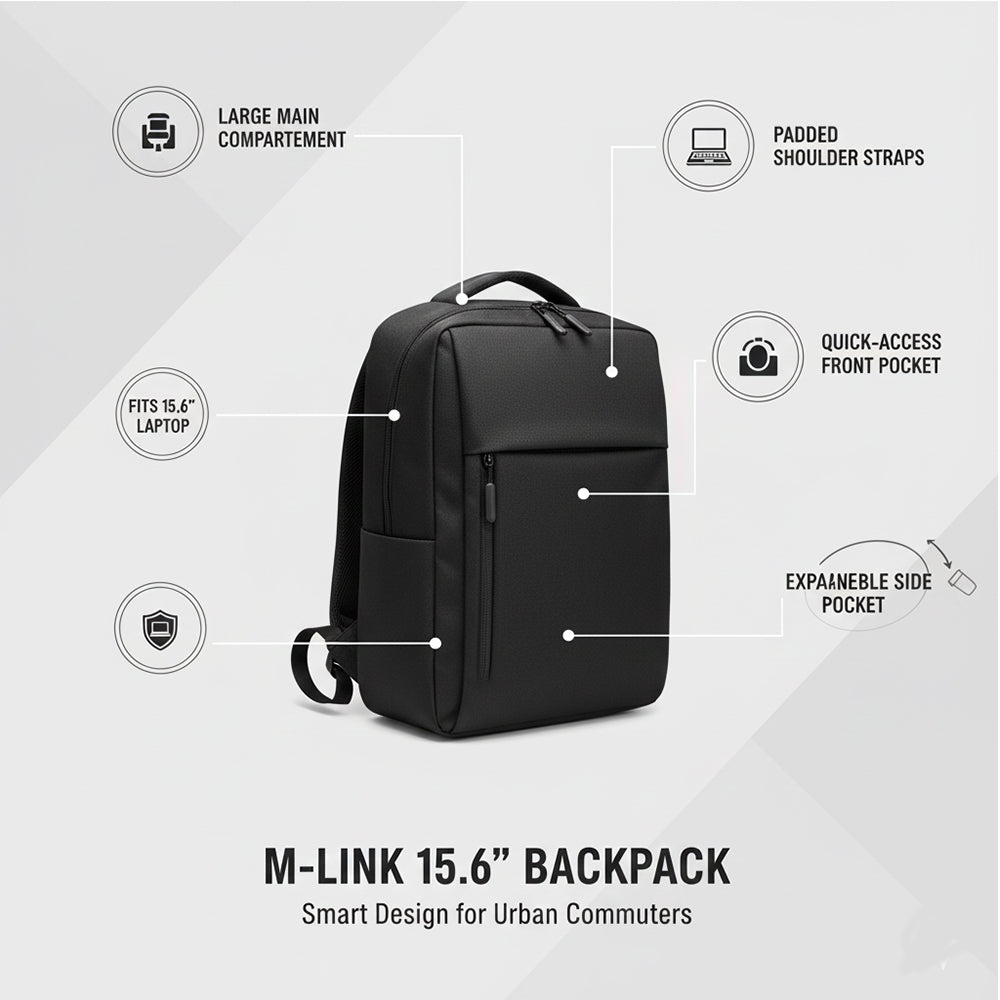 M-Link 15.6 Inch Laptop Backpack Black Lightweight Durable Bag for Work School Travel