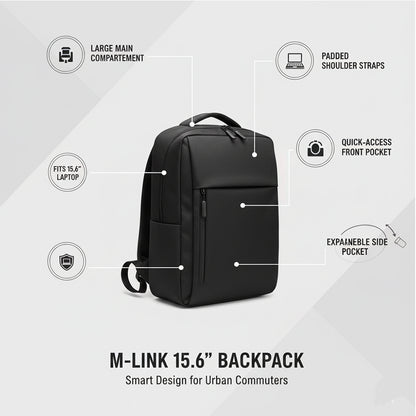 M-Link 15.6 Inch Laptop Backpack Black Lightweight Durable Bag for Work School Travel