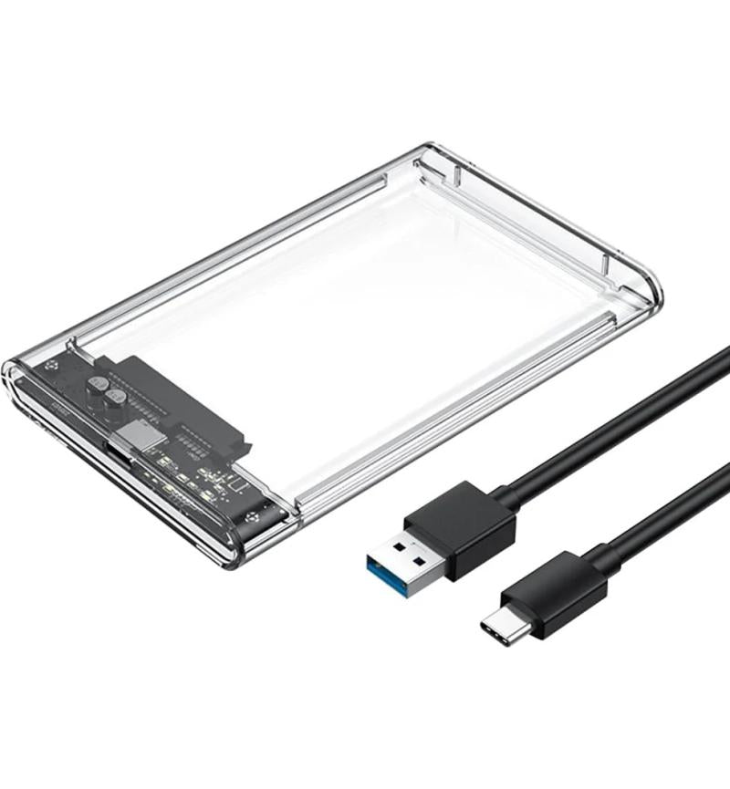 Portable 2.5" transparent SATA enclosure with USB-C, 5Gbps transfer, LED indicators, and tool-free install. Ideal for HDDs, SSDs, backups, and storage expansion.