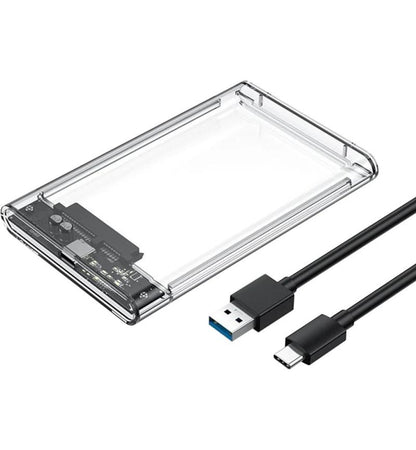 Portable 2.5" transparent SATA enclosure with USB-C, 5Gbps transfer, LED indicators, and tool-free install. Ideal for HDDs, SSDs, backups, and storage expansion.