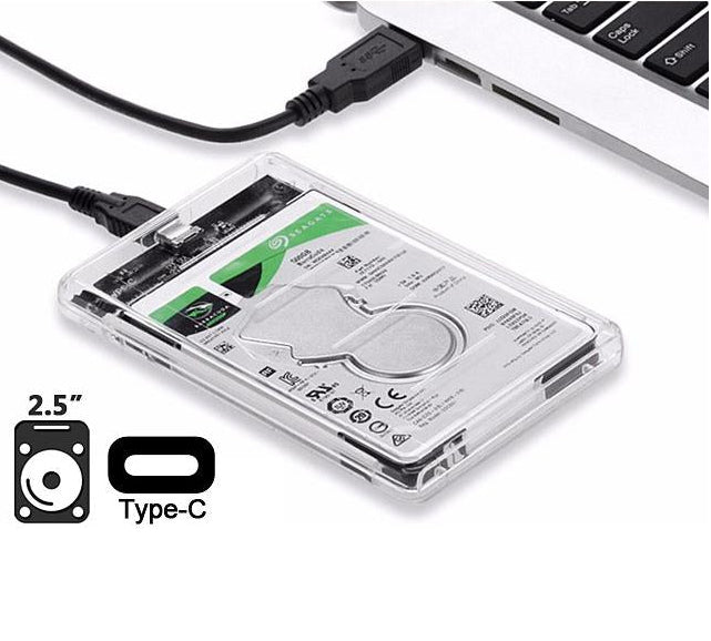 Portable 2.5" transparent SATA enclosure with USB-C, 5Gbps transfer, LED indicators, and tool-free install. Ideal for HDDs, SSDs, backups, and storage expansion.