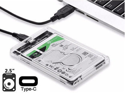 Portable 2.5" transparent SATA enclosure with USB-C, 5Gbps transfer, LED indicators, and tool-free install. Ideal for HDDs, SSDs, backups, and storage expansion.