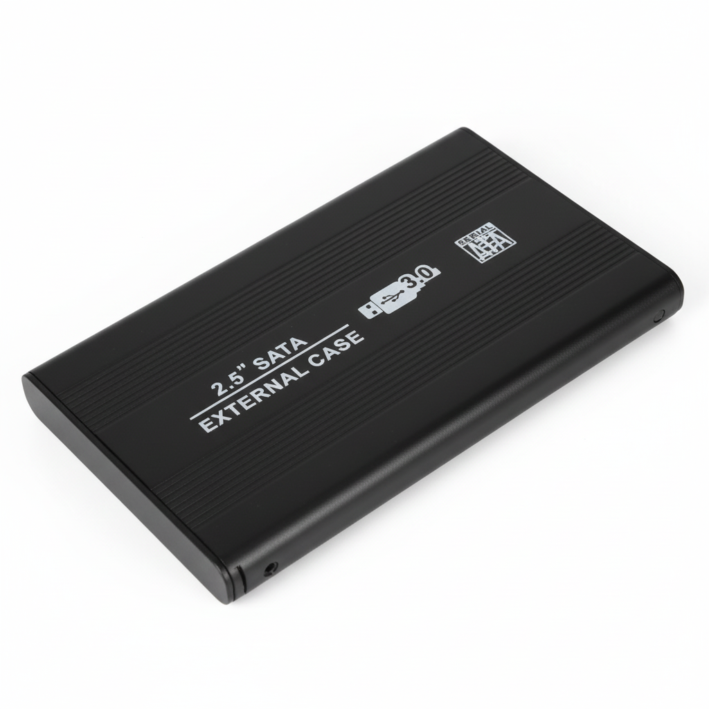 Black and silver Smacc 2.5” hard drive enclosure front view