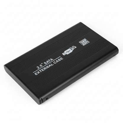 Black and silver Smacc 2.5” hard drive enclosure front view