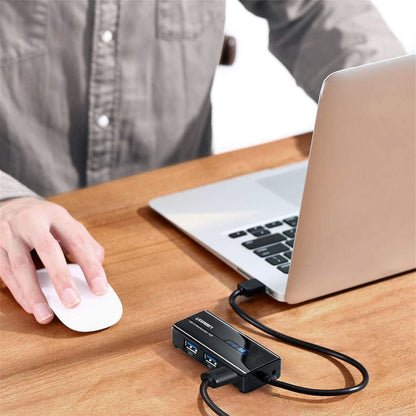 UGreen USB Type-A to Gigabit Ethernet Adapter with 3-Port USB 3.0 Hub Black