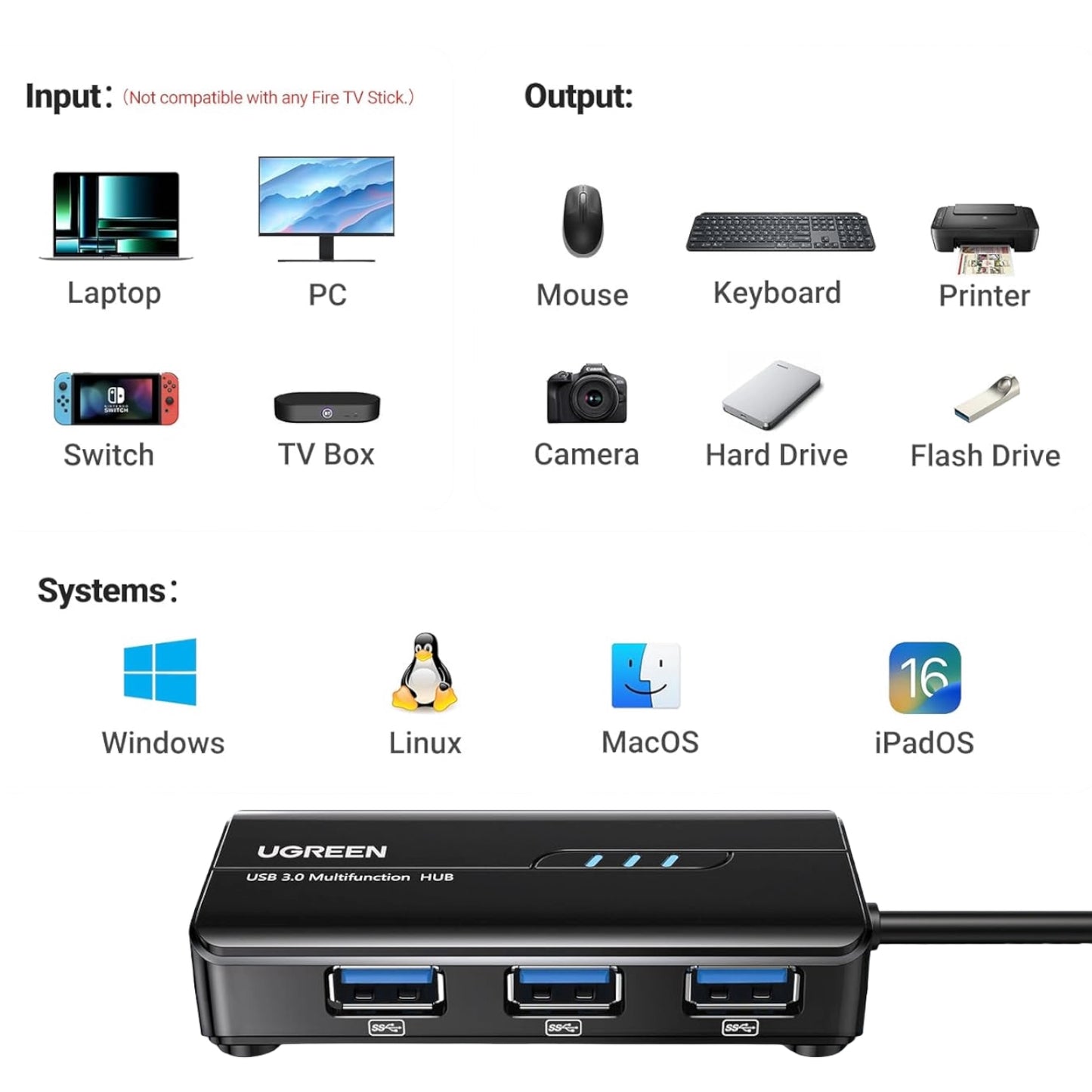 UGreen USB Type-A to Gigabit Ethernet Adapter with 3-Port USB 3.0 Hub Black