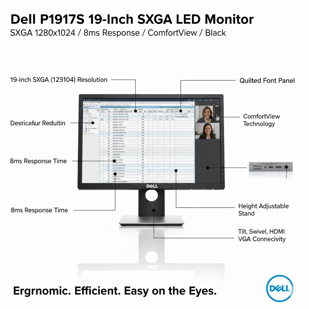 Dell P1917S 19-Inch SXGA LED Monitor 8ms ComfortView Height Adjustable Black