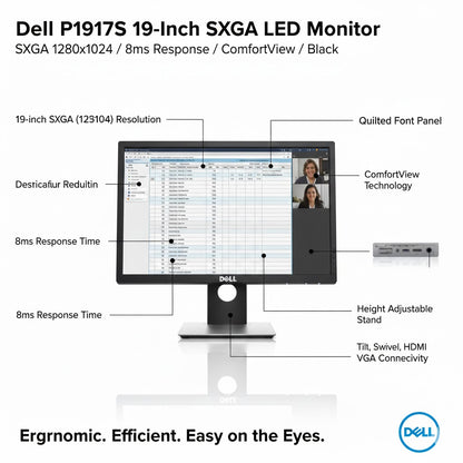 Dell P1917S 19-Inch SXGA LED Monitor 8ms ComfortView Height Adjustable Black