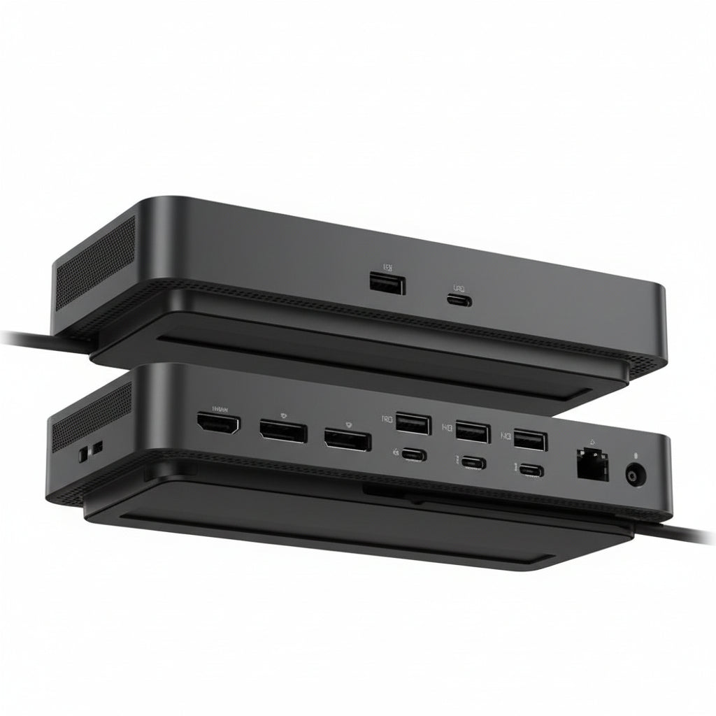 Front and rear view of the Dell Pro SD25TB4 Thunderbolt 4 dock showing all ports.

